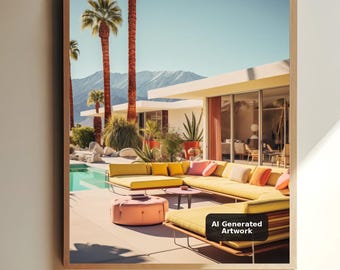 Print van een bank bij het zwembad in Palm Springs | Gele poster voor buitenlounges | Mid-century moderne muurdecoratie voor op het terras | Fine Art, mat of halfglanzend