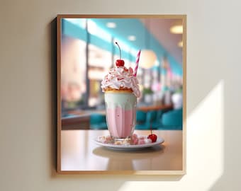 Póster de batido, impresión artística de restaurante retro, anuncio clásico de batido de los años 50, decoración de pared de cocina, obra de arte moderna de mediados de siglo, póster de cafetería nostálgica
