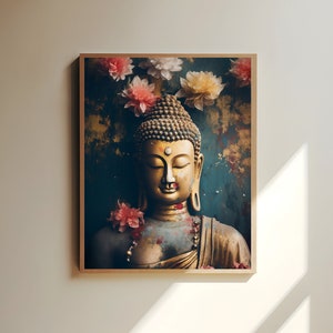 Gyllene Buddha-tryck | Zen-väggkonst | Andlig meditationsaffisch | Blommig Buddha-statykonst | Konst, matt eller halvblank | Flera storlekar