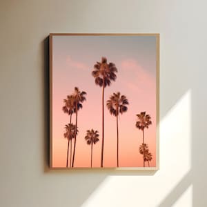 Pink Palms Poster, Sunset Palms Poster - Tranquil Tropical Wall Art, Warm Sunset Beach Decor, California Wall Art, California Poster