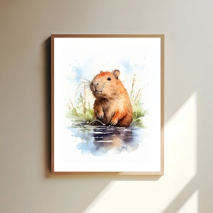 Barnrumsaffisch med kapybara, mild djurkonst för barn, fridfull kapybaraillustration, väggdekoration för babyrum, djurlivstryck, kapybaraaffisch bild 1