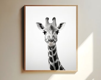 Cartel de jirafa, fotografía de vida silvestre en blanco y negro, arte minimalista de la pared de la jirafa, estampado animal sofisticado, arte de la pared animal, impresión de jirafa
