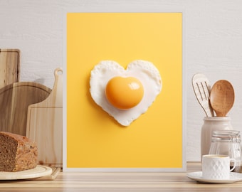 Poster met een spiegelei, keukenkunst, wanddecoratie met ontbijtproducten, kunstwerk voor de eetkamer, culinaire fotografie, voedselillustratie, eierkunst