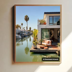 Op de afbeelding: Een ingelijste wandkunstprint met een wit modern huis aan een kanaal met een houten terras, een witte bank, potplanten en palmbomen onder een helderblauwe lucht. De tekst AI Generated Artwork staat in de onderste hoek van de afbeelding.
