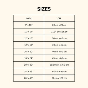 May include: A size chart table titled SIZES with two columns labelled INCH and CM. The table lists dimensions including 8x10 inches, 11x14 inches, 12x16 inches, 12x18 inches, 16x20 inches, 18x24 inches, 20x30 inches, 24x36 inches, and 28x40 inches.