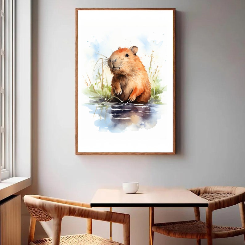 Barnrumsaffisch med kapybara, mild djurkonst för barn, fridfull kapybaraillustration, väggdekoration för babyrum, djurlivstryck, kapybaraaffisch bild 2