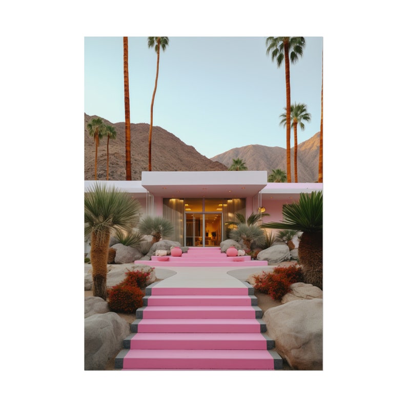 Pink Mansion Poster, Mid-Century Modern Architecture with Palm Springs Vibe, Mid Century Modern Wall Art, Palm Springs Poster, Pink Wall Art image 7