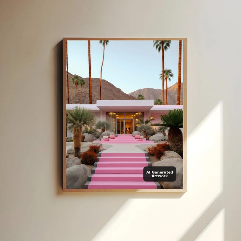 May include: A framed wall art print depicting a modern building with bright pink stairs leading to a glass entrance. The scene features desert landscaping with palm trees, large rocks, and shrubs against a mountain backdrop. Text reads AI Generated Artwork.