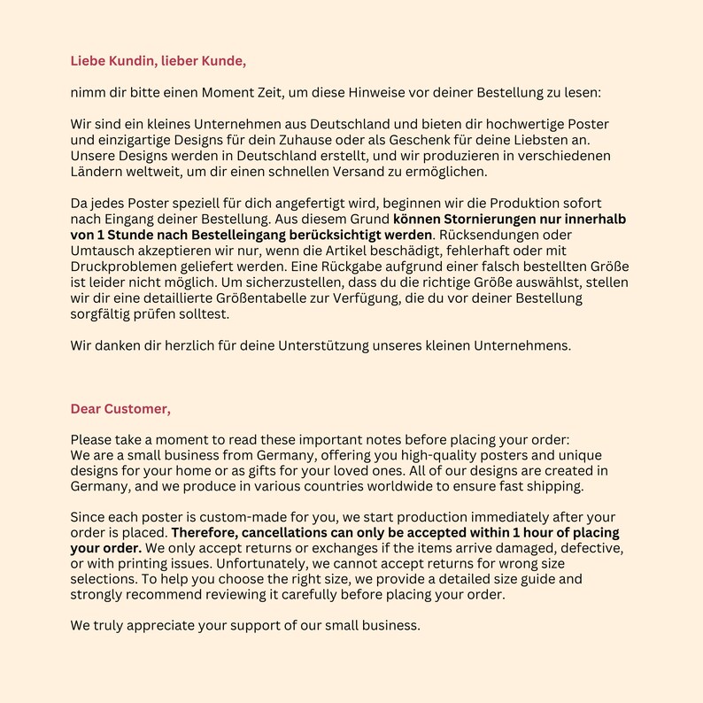 Op de afbeelding: Een document met een lichtcr&egrave;me achtergrond met tekst in het Duits en Engels. De tekst beschrijft het bedrijfsbeleid met betrekking tot op maat gemaakte posters, productietijden, annuleringsperiodes van &eacute;&eacute;n uur en retourvoorwaarden.