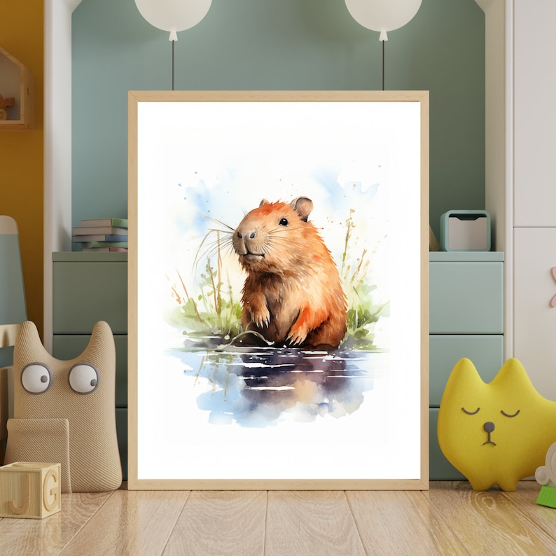 Barnrumsaffisch med kapybara, mild djurkonst för barn, fridfull kapybaraillustration, väggdekoration för babyrum, djurlivstryck, kapybaraaffisch bild 5