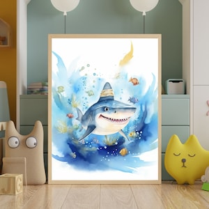 Shark Poster, Happy Shark Poster, Playful Sea Creature Wall Art, Cheerful Shark Illustration, Fun Oceanic Decor, Shark Print, Shark Wall Art