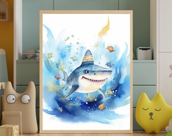 Shark Poster, Happy Shark Poster, Playful Sea Creature Wall Art, Cheerful Shark Illustration, Fun Oceanic Decor, Shark Print, Shark Wall Art