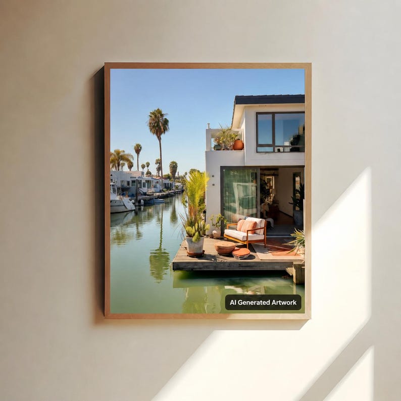 Op de afbeelding: Een ingelijste wandkunstprint met een wit modern huis aan een kanaal met een houten terras, een witte bank, potplanten en palmbomen onder een helderblauwe lucht. De tekst AI Generated Artwork staat in de onderste hoek van de afbeelding.