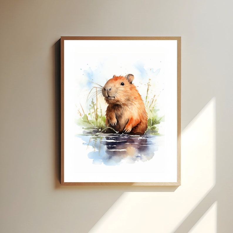 Barnrumsaffisch med kapybara, mild djurkonst för barn, fridfull kapybaraillustration, väggdekoration för babyrum, djurlivstryck, kapybaraaffisch bild 1