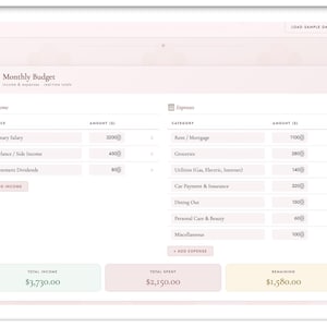 Op de afbeelding: Een digitaal display van een maandbudget, met inkomsten en uitgaven vermeld. De interface is lichtroze en wit, met bovenaan de titel "Maandbudget". Het totale inkomen is €3.730,00, het totaal besteed is €2.150,00 en het resterende bedrag is €1.580,00.