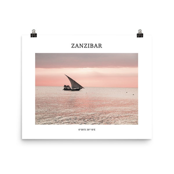 Zanzibar Sailboat Photo Print, Africa Photography, Coastal Wall Art, Coordinates Poster Travel Gift, Ocean Sunset Photo Tropical Beach Print