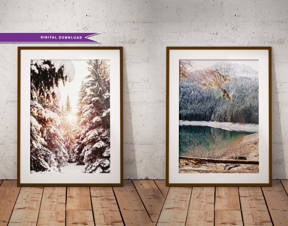 Winter Printables. Winter Scene Art Prints Set of 2. Evergreen Etsy