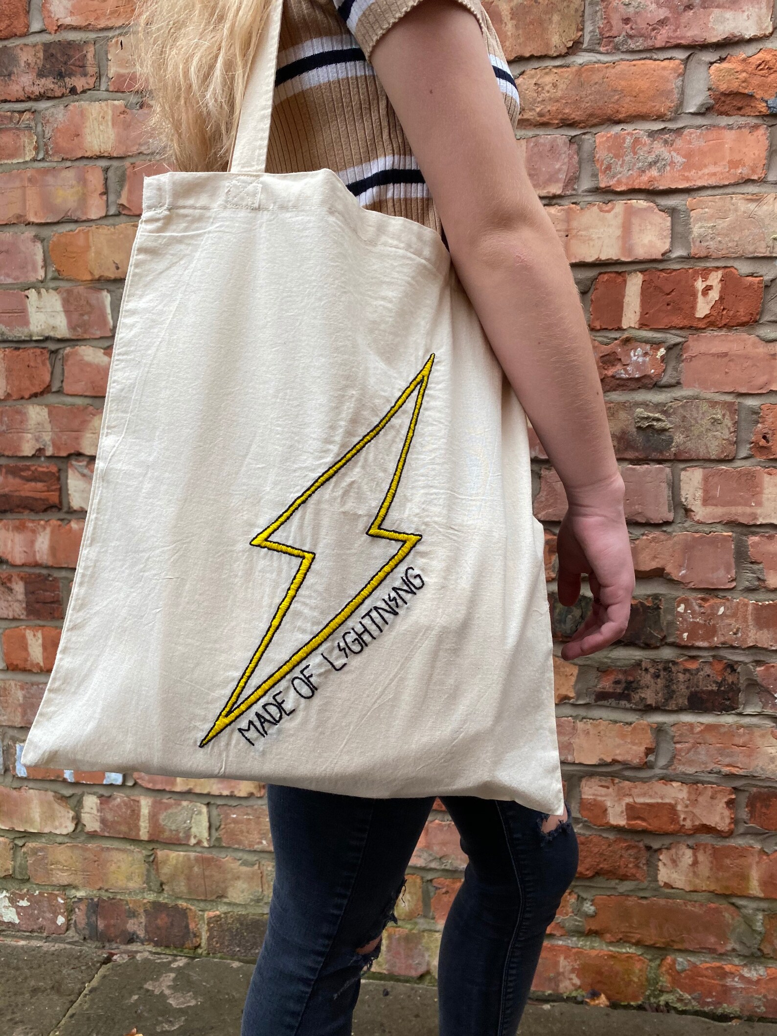 Made of lightning embroidered tote bag / lightning bolt Etsy