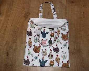 Reversible shopping bag in cotton fabric "THE FUNNY CHICKENS"