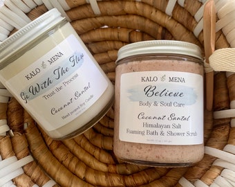 Set of two “Believe” soy candle and “Go with the flow”Himalayan  pink foaming bath and shower scrub ~ Coconut Santal scent