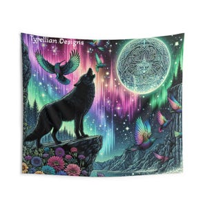 Tyrellian Designs Mystical Wolf Tapestry, Bohemian Wall Art, Nature Decor, Room Aesthetic, Gift for Nature Lovers, Festival Home Decor