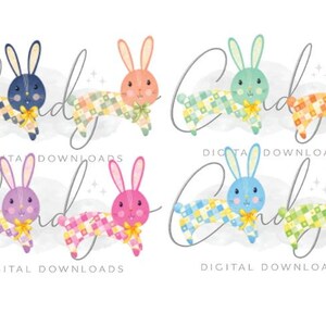 Puede incluir: Una colección de ocho ilustraciones de conejos coloridos. Cada conejo tiene una cara y orejas de diferente color, y un cuerpo estampado. Los conejos están decorados con un lazo amarillo. El texto "DIGITAL DOWNLOADS" está en la parte inferior.