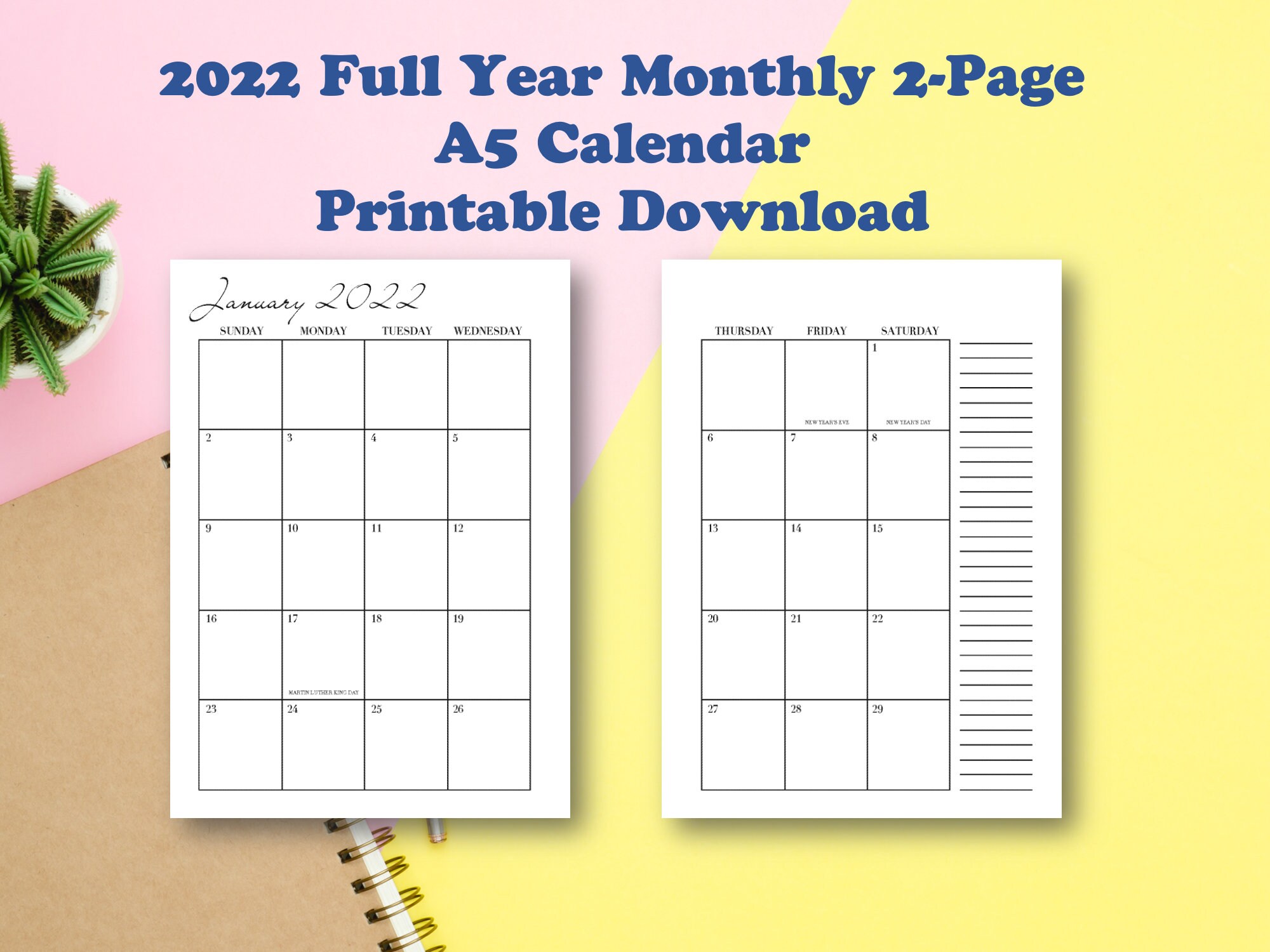 2022 full year monthly 2 page a5 calendar printable download etsy