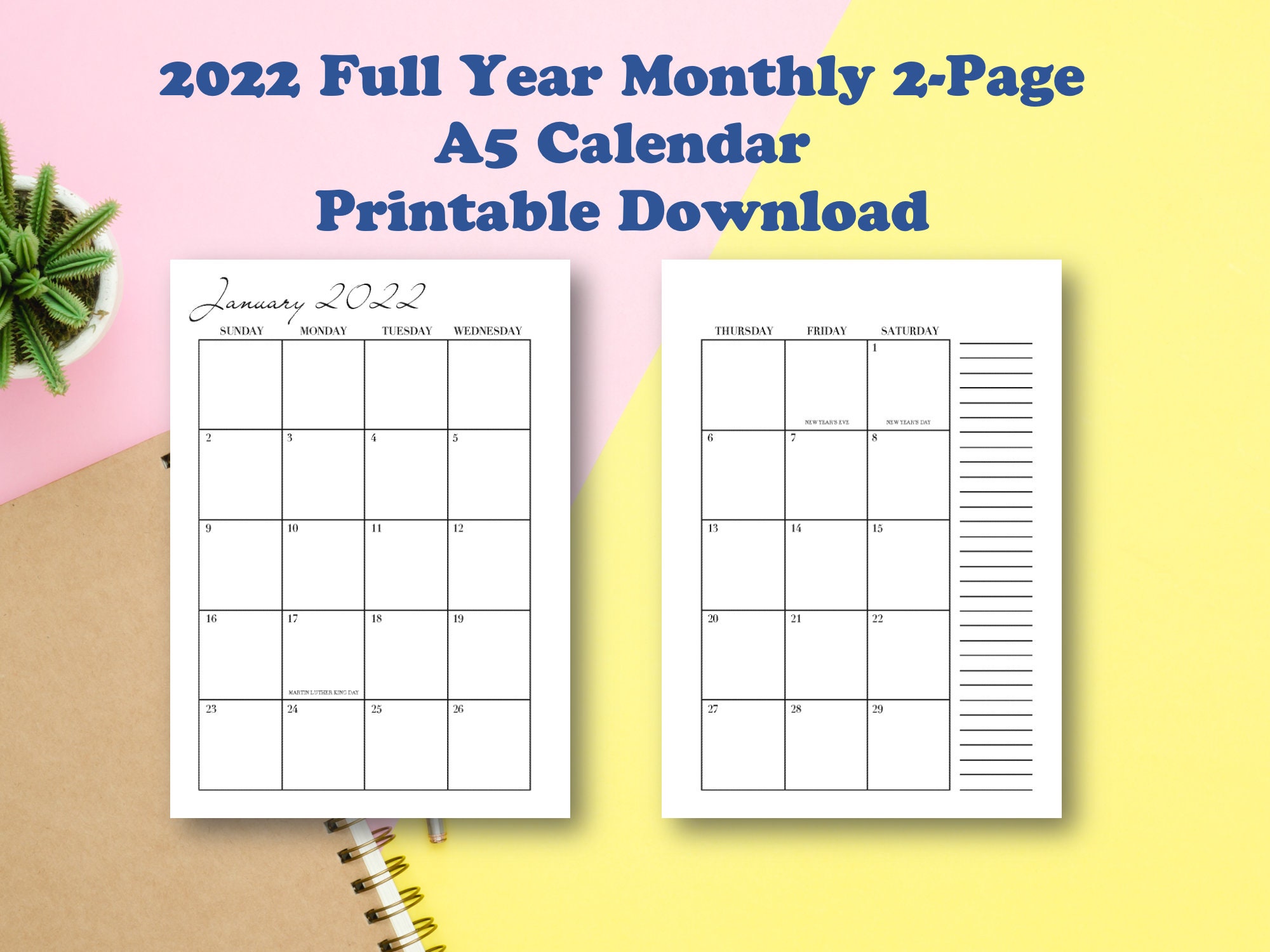 2022 Full Year Monthly 2 Page A5 Calendar Printable Download Etsy