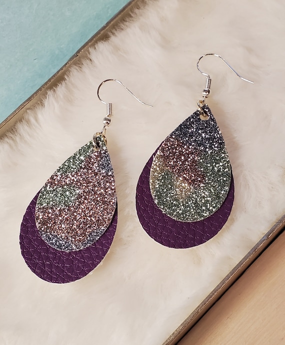 Multi-color Over Purple, Teardrop Shaped Faux Leather Earrings