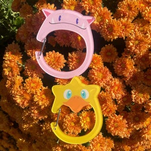 May include: Two cartoon-themed carabiner clips. One is pink with a monster face, and the other is yellow with a duck face. Both have a curved design with a metal clip. The background is a bed of orange flowers.