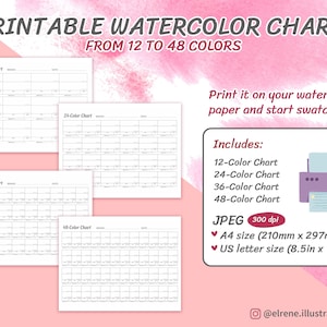 Printable watercolor chart- 12/24/36/48 color chart | Digital download watercolor chart