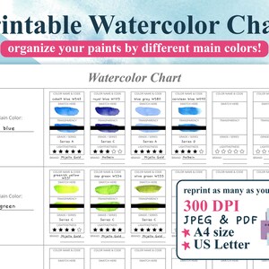 Gráfico de acuarela imprimible: organice su pintura por diferentes colores principales / Organizar gráfico / Carta de colores DIY / Alta resolución 300 ppp JPEG y PDF