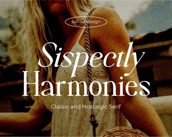 Op de afbeelding: Een vintage-stijl lettertypeontwerp genaamd "Sispectly Harmonies", beschreven als een klassiek en nostalgisch schreeflettertype.