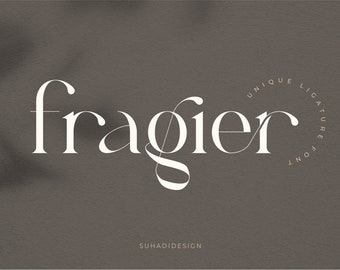 May include: White text on a gray background reads "fragier" with a decorative flourish on the "g". A circle around the word reads "Unique ligature font".