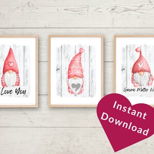 Valentine Gnomes Print Set of 3 Prints, Gnome Wall Art Prints, Holiday Decor, Instant Digital Download, &quot;I Love You Gnome Matter What&quot;