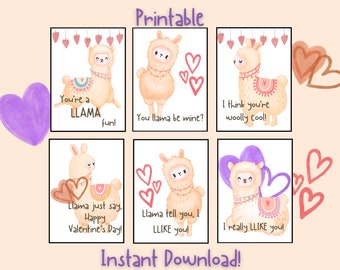 Printable Cuddly Llama Valentine's Day Cards, Llama Classroom Valentine's Day Cards for Kids, Valentine's Day Gift Tags, Instant Download