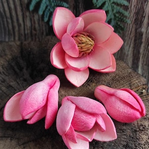 May include: Pink artificial magnolia flowers in various stages of bloom, including a fully open flower and several buds. The flowers are arranged on a textured, wooden surface with a fern in the background.