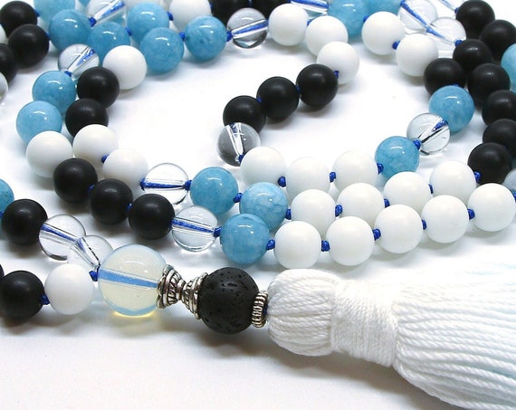 Aquamarine Mala Beads Necklace, 108 Mala Beads, Protection Japa mala, The Throat chakra Mala Beads, Yoga Lover Gift, Meditation Jewelry