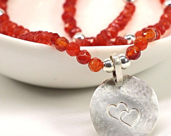 Carnelian Necklace, Carnelian Pendant Necklace, Simple Necklace, Heart Silver Pendant Choker Necklace, Valentine's Day Gift