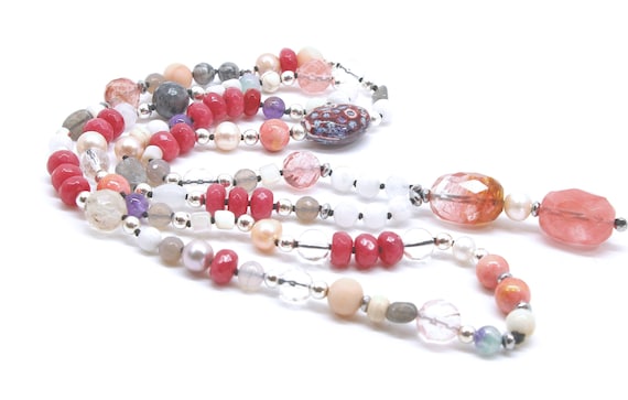 Long pink necklace with pendant, colorful boho necklace, artisan bohemian necklace, beautiful long pendant necklace