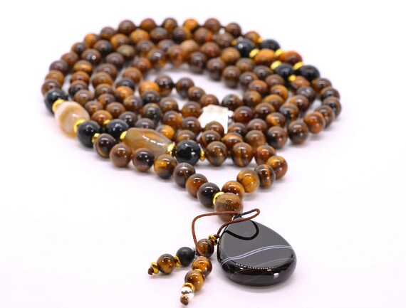 Tigers Eye Necklace, 108 Mala Beads, Tigers Eye Mala, Mala Necklace, Mala Prayer Beads, Gemstone Pendant Necklace, Spiritual Gifts