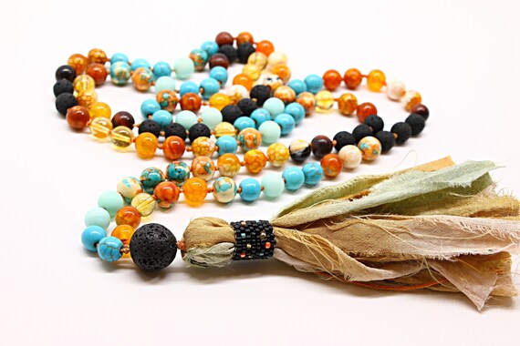 Boho Silk Sari Tassel Necklace, Mala Beads, 108 Mala Beads, Colorful Necklace, Knotted Mala, Spiritual Gift