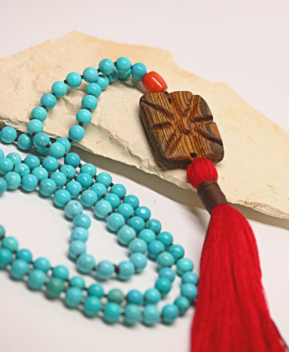 Turquoise Necklace, Wooden Pendant Turquoise Necklace, Long Necklace, Bohemian Jewelry, Stunning Necklace, Red Tassel Mala Beads