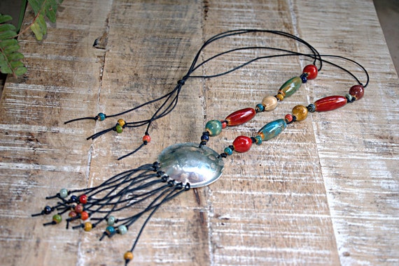 Boho ceramic beads necklace with very big silver pendant, OOAK Statement Necklace, artisan necklace