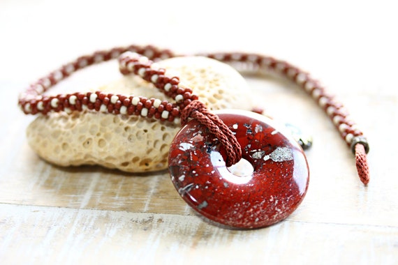 Red Jasper Donut Pendant Kumihimo Necklace, Kumihimo Necklace, Boho Jewelry, Beaded Choker