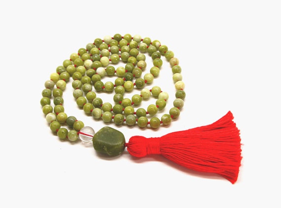 108 Mala Beads, Green Jade Mala, Chakra Jewelry, Chakra Mala Necklace, Heart Chakra Mala Beads, Chakra Cleansing, Knotted Mala Beads