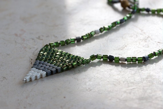Triangular seed beaded necklace, Miyuki Japanese glass cube beads pendant necklace, Miyuki seed beads necklace, Crochet Jewelry