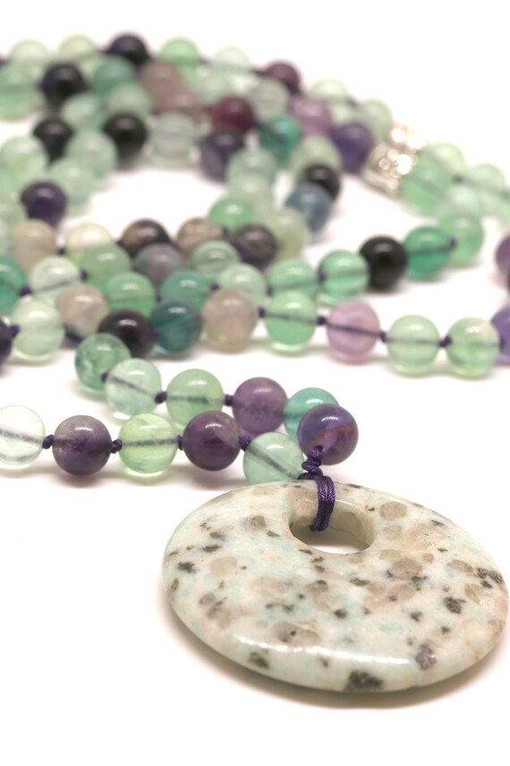 Fluorite Necklace Mala Bead Aura Cleansing Donut Pendant Necklace Long Pendant Necklace Yoga Lover Gift