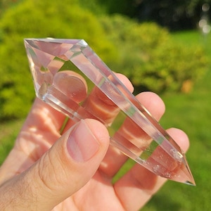 Clear smoky Vogel quartz crystal double-terminated and 12-sided