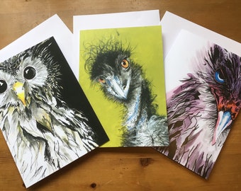 Pack of 3 bird cards, Funny bird card set, A5 bird card bundle, Comical bird cards, Humorous bird cards, Cartoon bird cards,